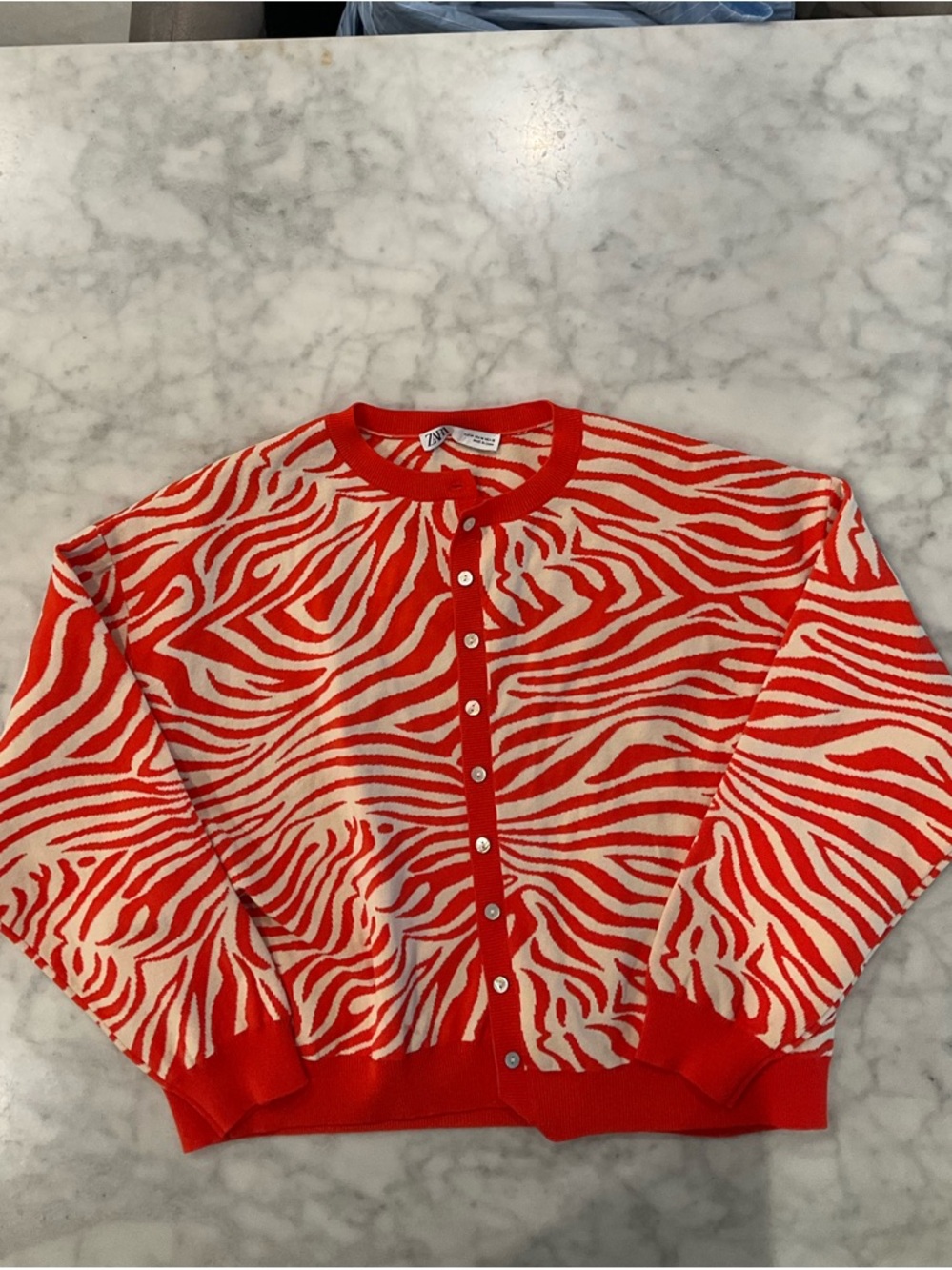 Zara Red and Cream Zebra-Print Button Cardigan